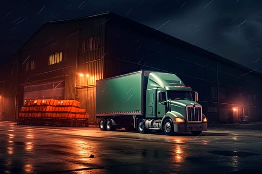 A semi truck is parked in front of a large building. The truck is white and has a Coca-Cola logo on the side. The scene is set at night, with the truck and building illuminated by street lights