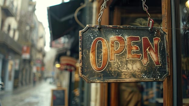 A sign hanging from a window that says open.