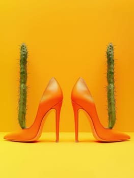 Stylish orange high heels with cactus a fashionable and quirky summer accessory for traveling fashionistas