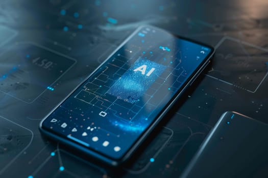 ransparent smartphone display on with AI text to the screen for futuristic technology concepts.