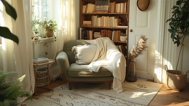 Cozy Reading Nook with Muted Colors Concept Light Olive Armchair Soft Cream Throw and Beige Rug for Harmonious and Cohesive Look.