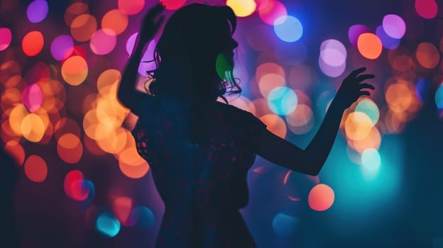 Elegant woman dancing in front of vibrant colorful bokeh background, expressing joy and freedom