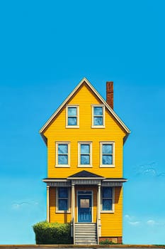A yellow house with a blue roof and blue trim. The house is tall and has a chimney