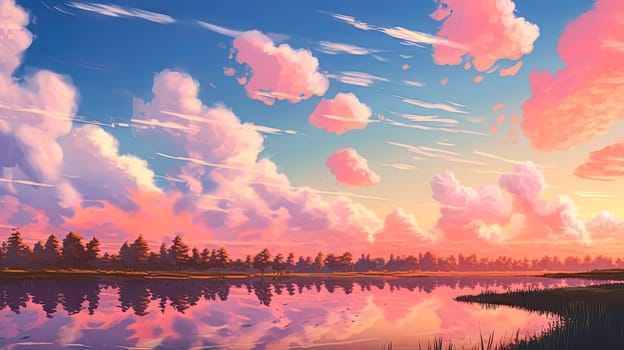 A beautiful painting of a cloudy sky with a pink and orange sunset. The sky is filled with fluffy clouds and the sun is setting, creating a warm and peaceful atmosphere