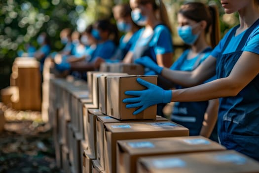 A group of volunteers organized donated items in cardboard boxes at the community center. Donate concept.