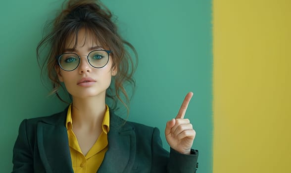 A woman with glasses points on a green background. Selective focus.