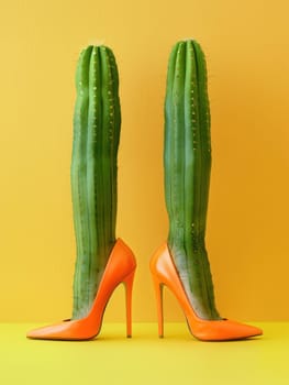 Fashionable high heels with unique cactus plant accent, beauty in unlikely pairing, artistic footwear statement