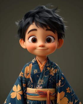 Cartoon, 3D boy in national traditional Asian attire. Selective focus.