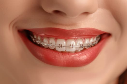 Woman with braces smiling brightly with red lips, beauty and confidence in dental treatment