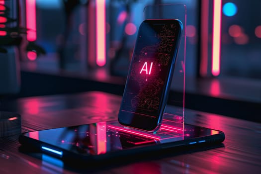 ransparent smartphone display on with AI text to the screen for futuristic technology concepts.