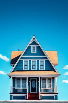 A blue house with a red roof and white trim. The house is small and has a porch. The sky is blue and there are clouds in the background