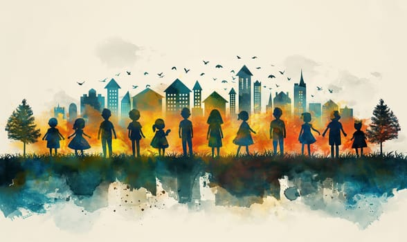 Watercolor, children standing in front of a city landscape. Selective focus.