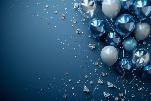 A blue and silver balloon display with a blue background. The balloons are scattered around the background, creating a festive atmosphere