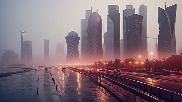 A city skyline with a large body of water in the background. The water is calm and the sky is overcast