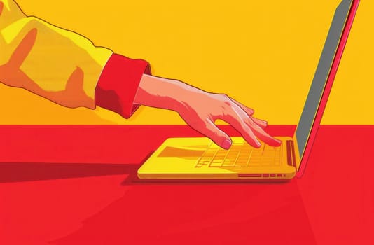 Person typing on laptop computer on vibrant red and yellow background in a business office setting