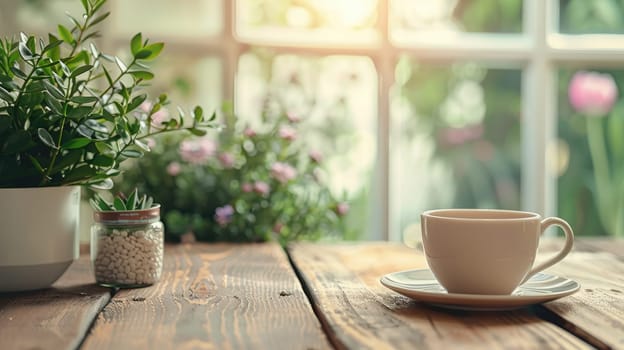 A serene workspace with a simple wooden desk, a cup of tea and gentle bokeh effects, Mindfulness and minimalism.