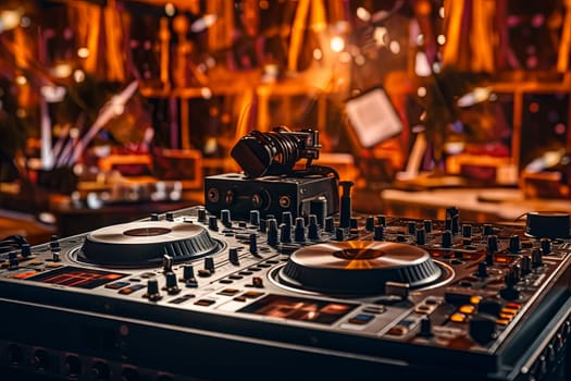 A set of DJ equipment stands against a vibrant orange backdrop, radiating energy and setting the stage for an electrifying performance.