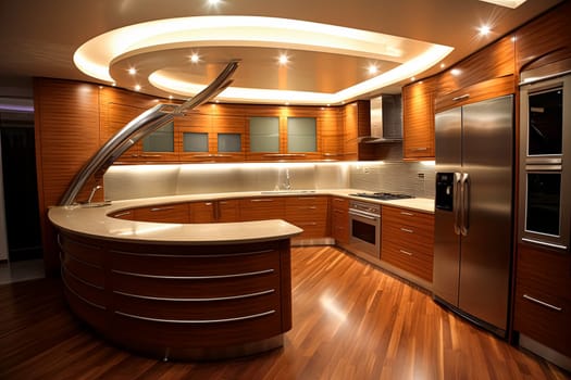 A large kitchen with a curved counter and a stainless steel refrigerator. The kitchen is well lit and has a modern, sleek design