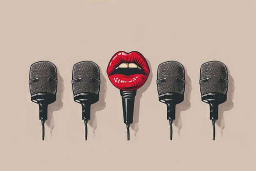 Microphones with red lips in the middle creative expression of beauty and art in music industry