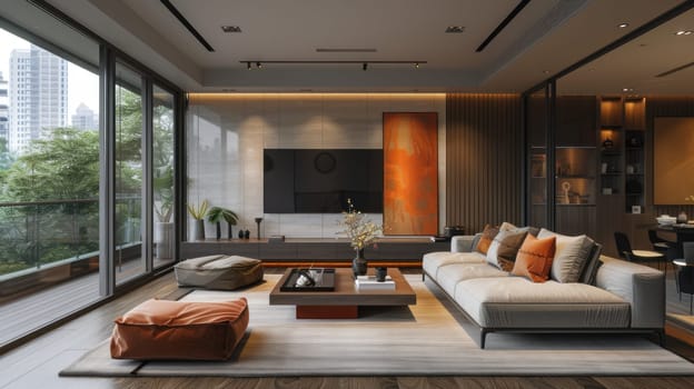 Modern Living Room with Muted Color Furniture and Decor Concept Vibrant Centerpiece on Coffee Table as Focal Point.