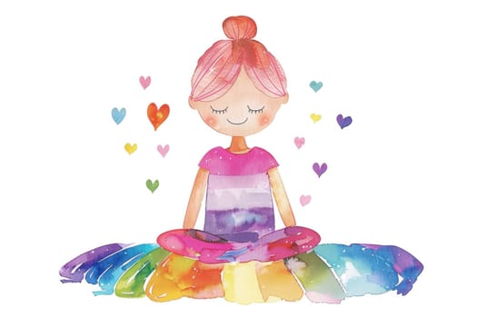 Peaceful little girl meditating with hearts floating around her in a relaxing and serene image of mindfulness and love
