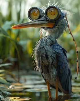 3D cartoon, a heron wearing big glasses walks through a swamp. Selective focus