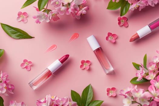 Pink lipsticks and flowers on a pink background, top view, flat lay beauty and fashion concept