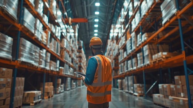 An employee in a large warehouse environment, efficiently managing inventory with a tablet.