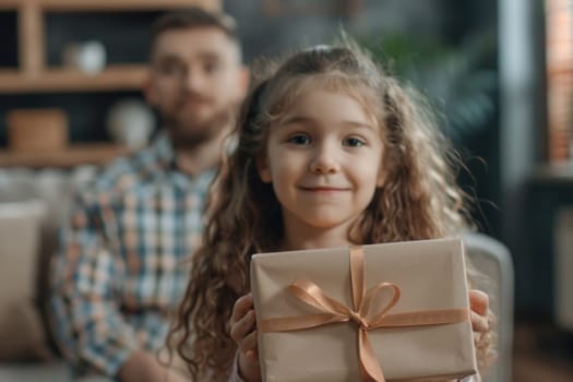 Girl holding gift box in front of man sitting in chair gift giving moment in family setting