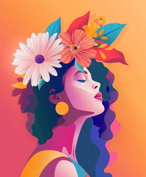 Woman with flowers in her hair in vibrant orange and yellow background symbolizing beauty and nature