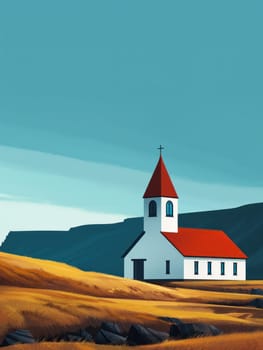 Scenic church on hill in iceland surrounded by beautiful landscape for travel, nature, adventure, and religious concepts