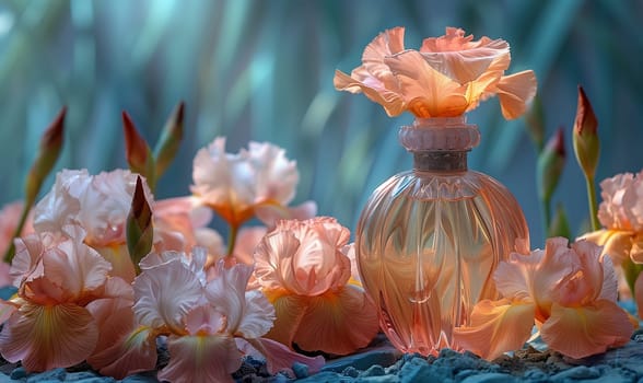 Elegant perfume bottle among iris flowers in vintage style. Selective focus.