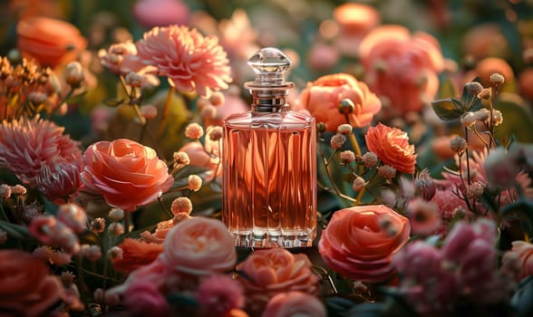 Elegant perfume bottle among flowers in retro style. Selective focus.