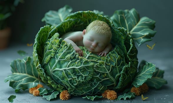 3D cartoon, a child in a head of cabbage. Selective focus.
