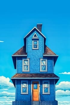 A blue house with a red roof and white trim. The house is small and has a porch. The sky is blue and there are clouds in the background