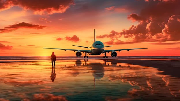 A large jetliner is sitting on the runway at sunset. The sky is filled with clouds, creating a moody atmosphere. The reflection of the plane in the water adds to the serene and peaceful setting