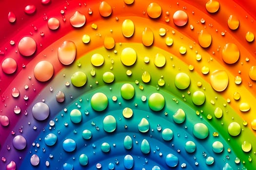 A rainbow with drops of water on it. The drops are of different colors, creating a vibrant and lively atmosphere