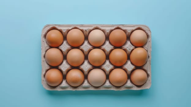 Carton of brown eggs on blue background, top view. Food and nutrition concept.