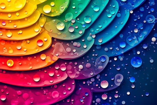 A rainbow with drops of water on it. The drops are of different colors, creating a vibrant and lively atmosphere