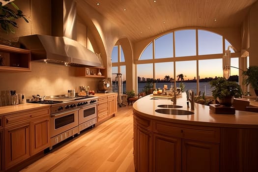 A large kitchen with a curved counter and a stainless steel refrigerator. The kitchen is well lit and has a modern, sleek design