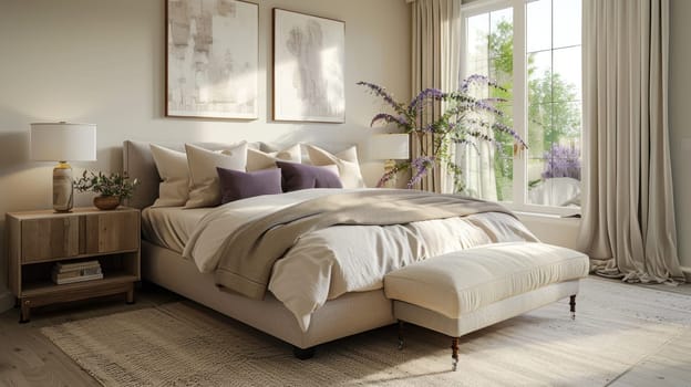 Peaceful Bedroom Design with Muted Colors Concept Light Taupe Bedding Soft Lavender Pillows and Neutral-Toned Rug Creating a Cohesive Relaxing Environment.