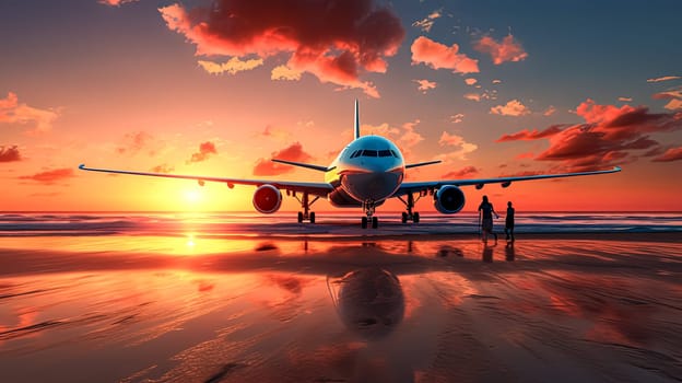 A large jetliner is sitting on the runway at sunset. The sky is filled with clouds, creating a moody atmosphere. The reflection of the plane in the water adds to the serene and peaceful setting