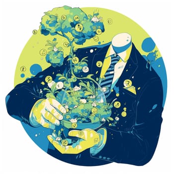 A headless businessman in a suit is holding a glass sphere with a money tree growing inside. The tree is surrounded by coins and symbols of wealth, indicating a potential for financial growth.