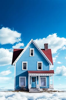 A blue house with a red roof sits in a cloud of snow. The house is small and has a porch. The sky is blue and cloudy