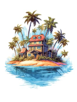 A house is on a small island in the ocean. The house is surrounded by palm trees. The sky is orange and the water is blue