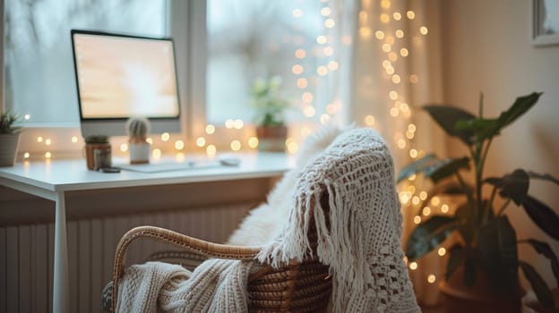 Tranquil Home Office Sanctuary with Cozy Chair and Soft Bokeh Lights for Added Warmth.