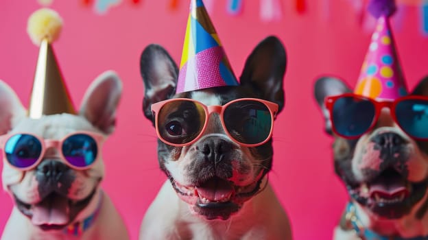 French bull dog are wearing hats and jackets and standing in a line.