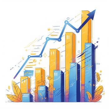 An illustration of a bar graph showing upward growth with a blue line graph highlighting the trend.