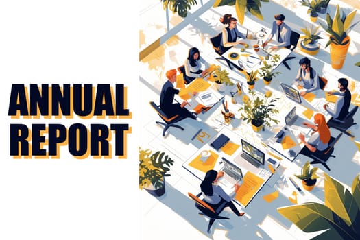 A top-down view of a group of business professionals working together on an annual report in a modern office setting. They are surrounded by laptops, papers, and potted plants.