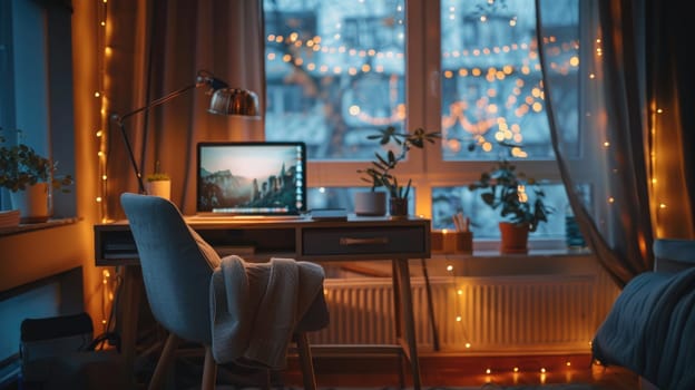 A peaceful home office space featuring a cozy chair and a tidy desk, and bokeh lights adding a touch of warmth.